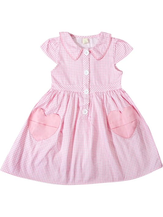 Angeline Kids -  Baby Girls Valentines Day Heart Pocket Pink Gingham Dress