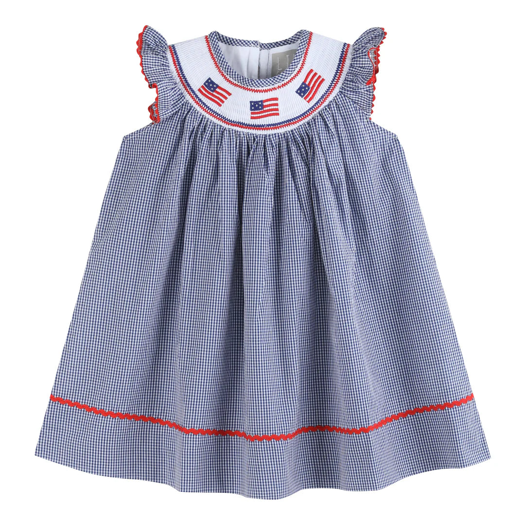 Lil Cactus - Blue USA Flag Smocked Bishop Dress