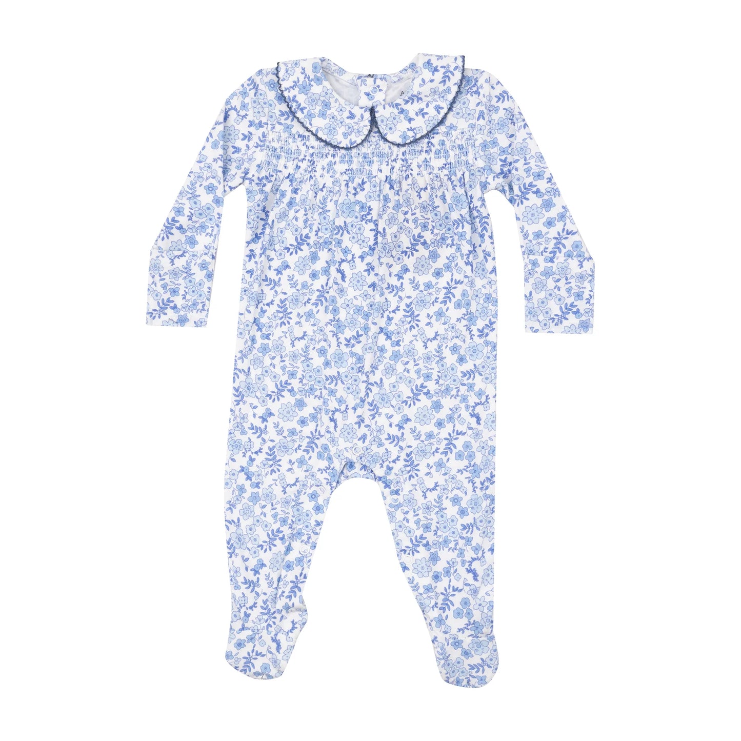 Angel Dear - Smocked Peter Pan Footie - Blue Calico Floral