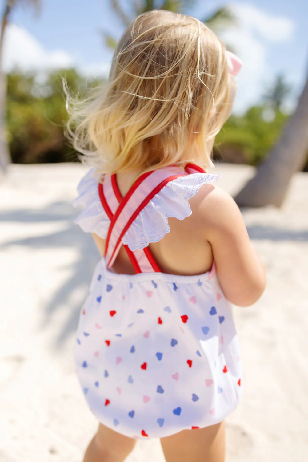 The Beaufort Bonnet - Saylor Sunsuit Happy Hearts With Pier Party Pink And Richmond Red With Worth Avenue White Eyelet