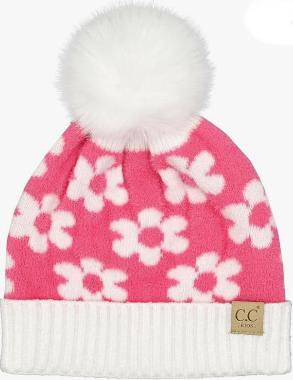 Kid’s Daisy Pattern Cuff Beanie With Pom Pom