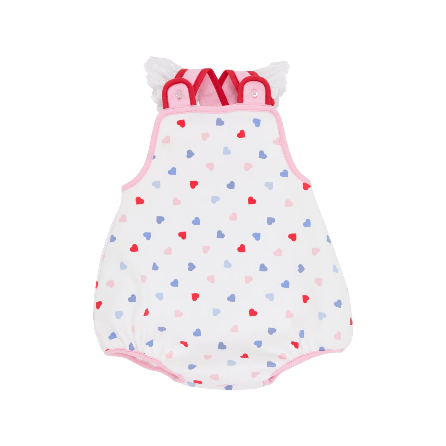 The Beaufort Bonnet - Saylor Sunsuit Happy Hearts With Pier Party Pink And Richmond Red With Worth Avenue White Eyelet