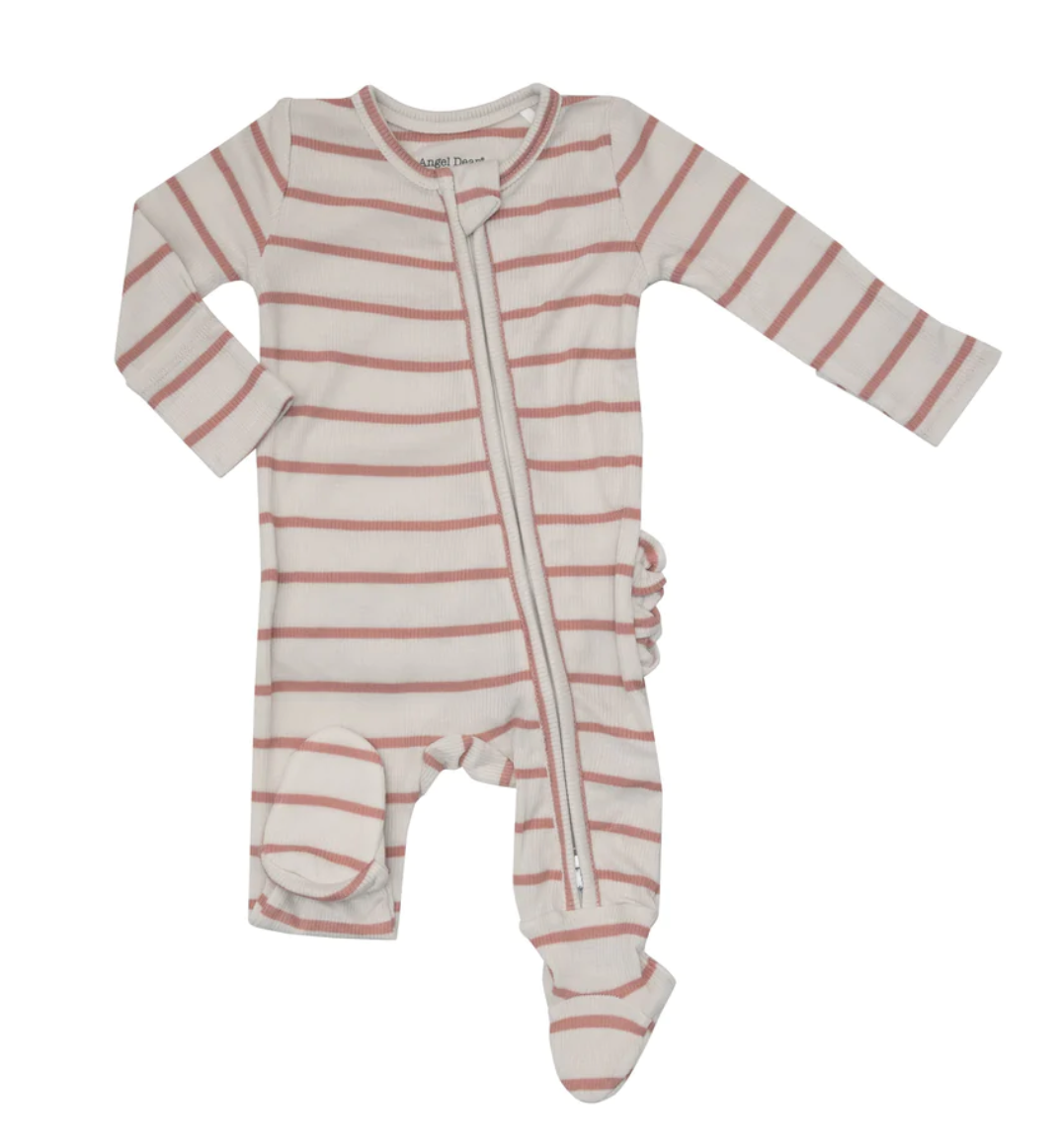 Angel Dear - 2-Way Ruffle Back Zipper Footie - Rose Tan Rib Stripe