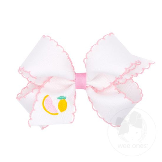 Wee Ones -Grosgrain Hair Bow with Moonstitch Edge and Summer-themed Embroidery - Lemon
