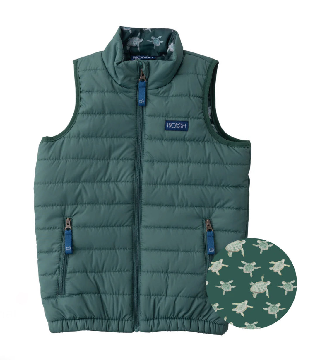 Prodoh - Kid’s Puffer Vest Posey Green With Sea Turtle Lining Print