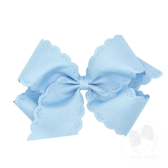 Wee Ones - Small King Grosgrain Bow with Eyelet Flower Embossed Edges - Millennium Blue