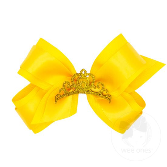 Wee Ones - Medium Princess Grosgrain Hair Bow with Satin overlay and Glitter Crown  - Yellow