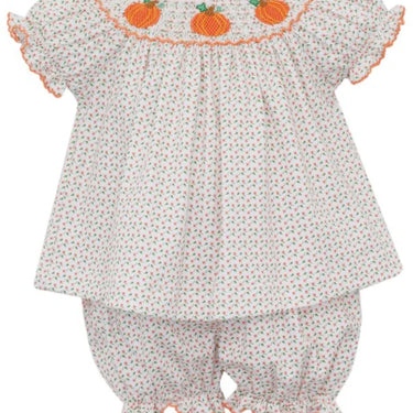 Petit Bebe - Pumpkin Girls Orange Knit Tiny Floral Print Bishop Bloomer Set