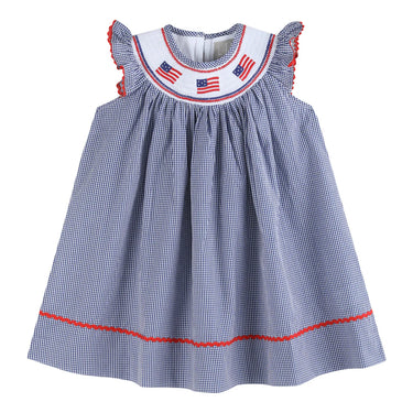 Lil Cactus - Blue USA Flag Smocked Bishop Dress