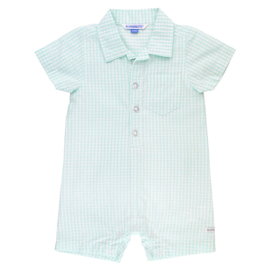 Rugged Butts - Boys’ Light Aqua Gingham Button-Up Romper