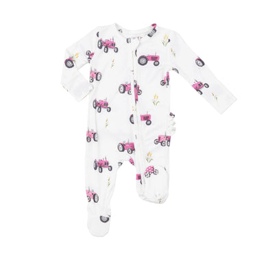 Angel Dear - 2 Way Ruffle Back Zipper Footie - Pink Tractors