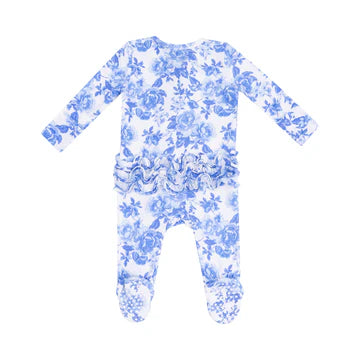 Angel Dear - Roses in Blue 2 Way Zipper Ruffle Back Footie
