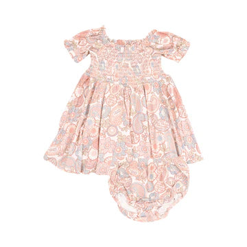 Angel Dear - Folk Paisley Puff Sleeve Smocked Dress with Diaper Cover