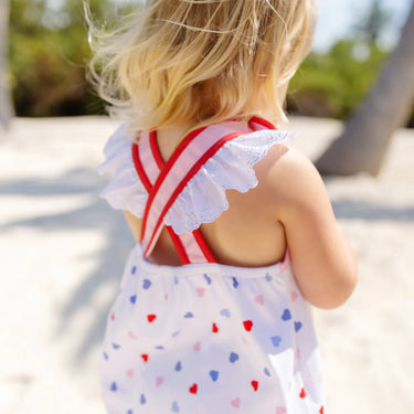 The Beaufort Bonnet - Saylor Sunsuit Happy Hearts With Pier Party Pink And Richmond Red With Worth Avenue White Eyelet