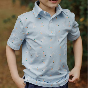 Sugar Bee Clothing - Boys Easter Polo Blue Carrots