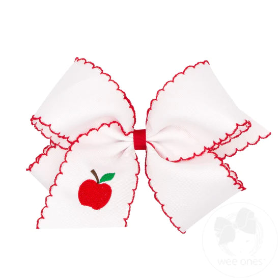 Wee Ones - King Grosgrain Hair Bow with Moonstitch Edges and Apple Embroidery
