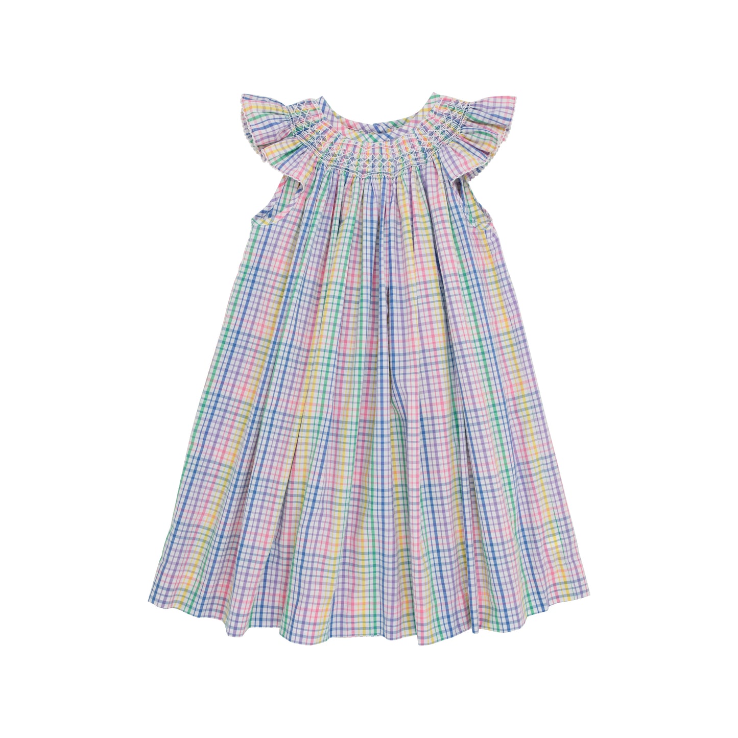 The Beaufort Bonnet - Angel Sleeve Sandy Smocked Dress Colored Pens Plaid With Worth Avenue White