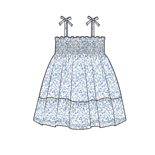 Angel Dear - Tie Strap Smocked Sun Dress - Blue Calico Floral