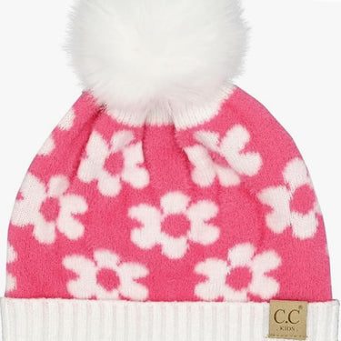 Kid’s Daisy Pattern Cuff Beanie With Pom Pom