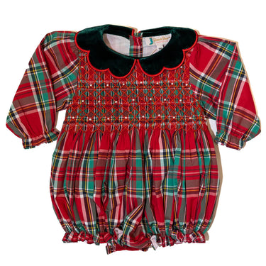 Boots and Bows - Girls Plaid Smocked Bubble w/Pearls