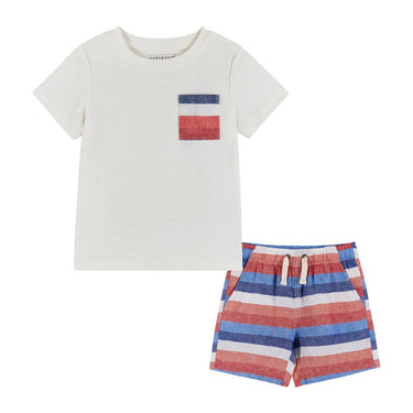 Andy & Evan - Lt Heather Grey T-Shirt w/red/white/blue Striped Pocket & Matching Drawstring Short Set