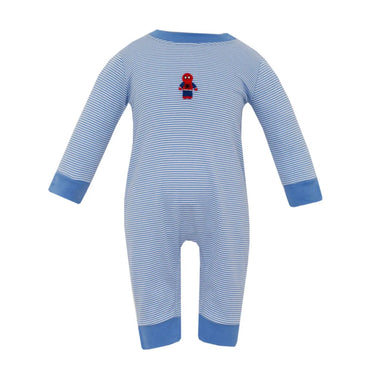 Petit Bebe - Spiderman Periwinkle Blue Stripe Knit Boy's Long Romper