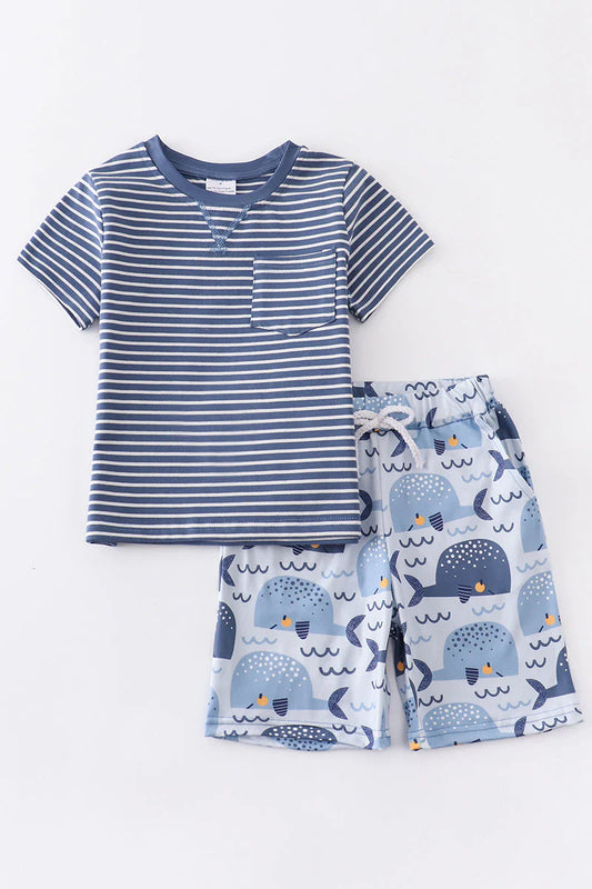 Honeydew -  Navy Stripe Whale Boy Set