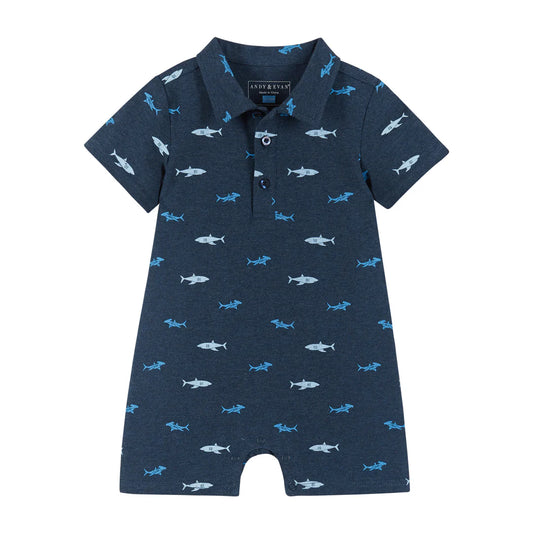 Andy & Evan -  Infant Polo Romper - Shark Print