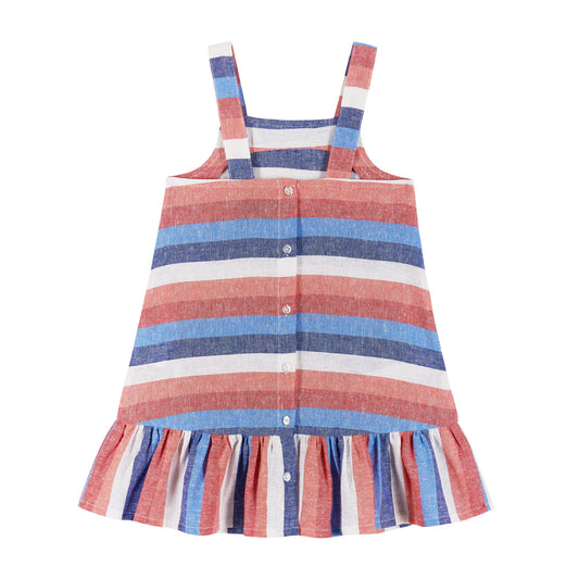 Andy& Evan - American  Striped Chambray Dress With Ruffle & Bow Details - Red, White, Blue, & Navy