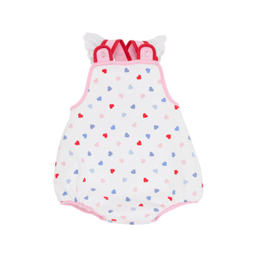 The Beaufort Bonnet - Saylor Sunsuit Happy Hearts With Pier Party Pink And Richmond Red With Worth Avenue White Eyelet
