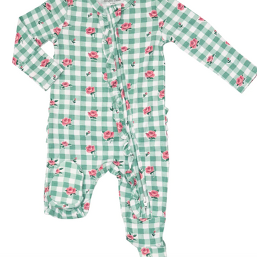 Angel Dear - 2-Way Ruffle Back Zipper Footie - Gingham Roses