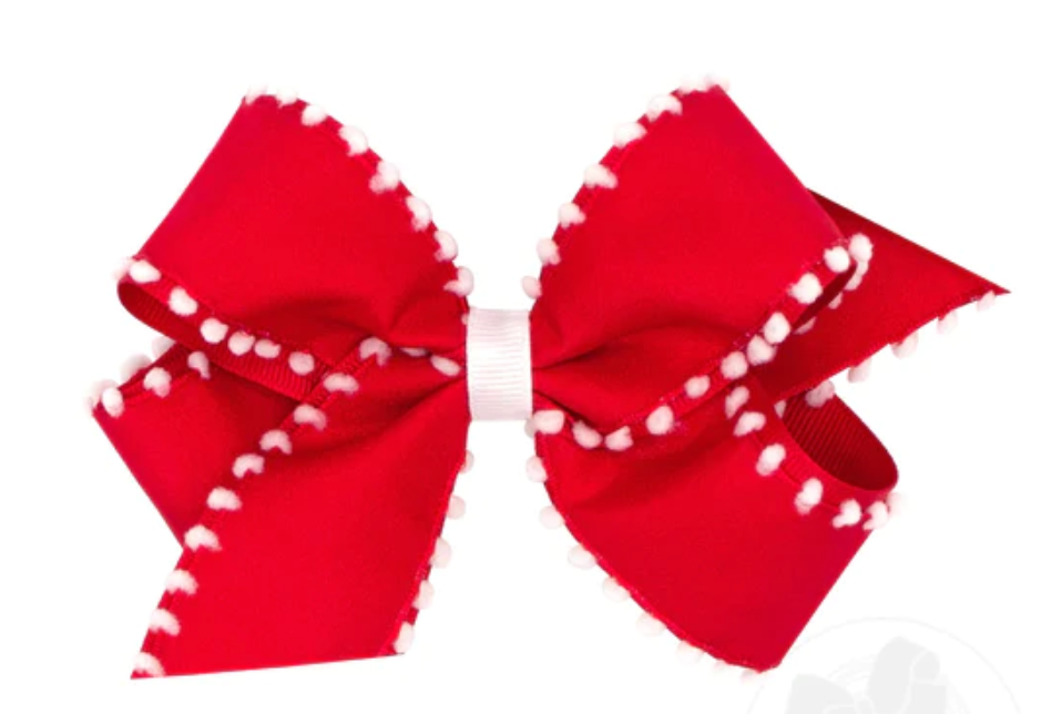 Wee Ones - King Holiday Style Pom-Pom Edge Grosgrain Overlay Girls Hair Bow - Red with White