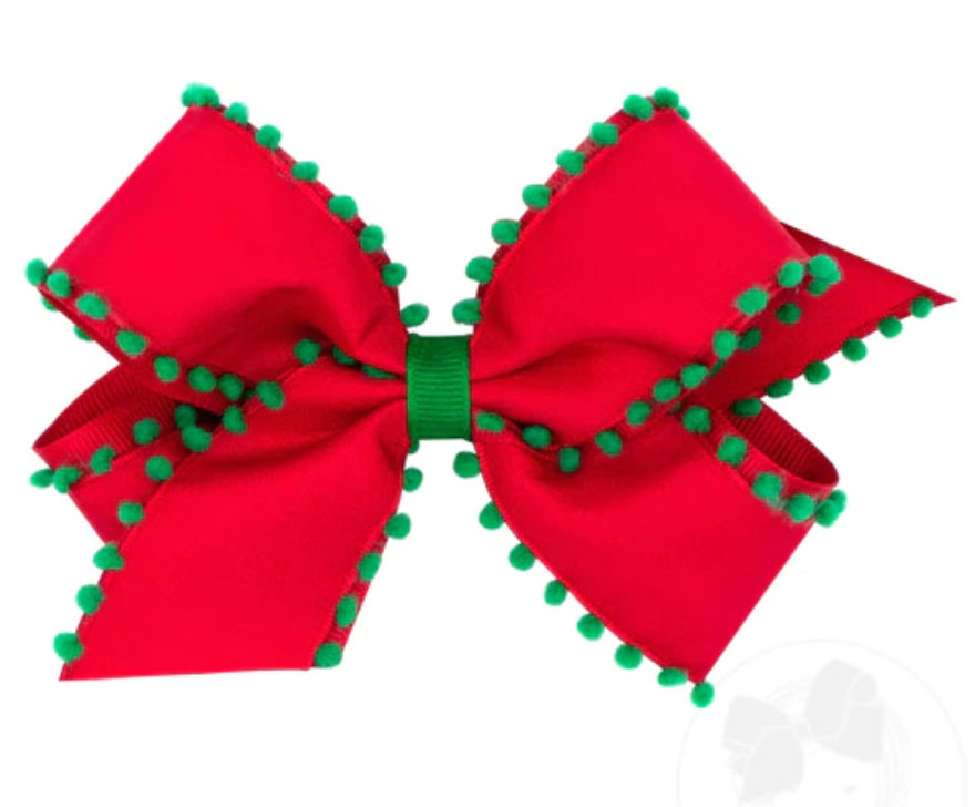 Wee Ones - King Holiday Style Pom-Pom Edge Grosgrain Overlay Girls Hair Bow - Red with Green  Pops