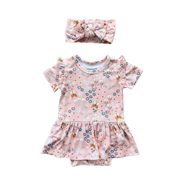 Babysprouts - Girls Short Sleeve Bodysuit Dress + Bow - Butterfly Garden