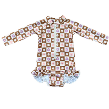 Babysprouts - Girls One-Piece Ruffle Rash Guard Swimsuit - Checker In Retro Daisy