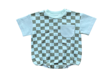 Babysprouts - Short Sleeve Colorblock Romper - Checker in Seagrass