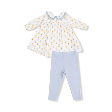 Angel Dear - Peter Pan Collar Dress with Eyelet Trim and Ribbed Leggings - Western Sunflower