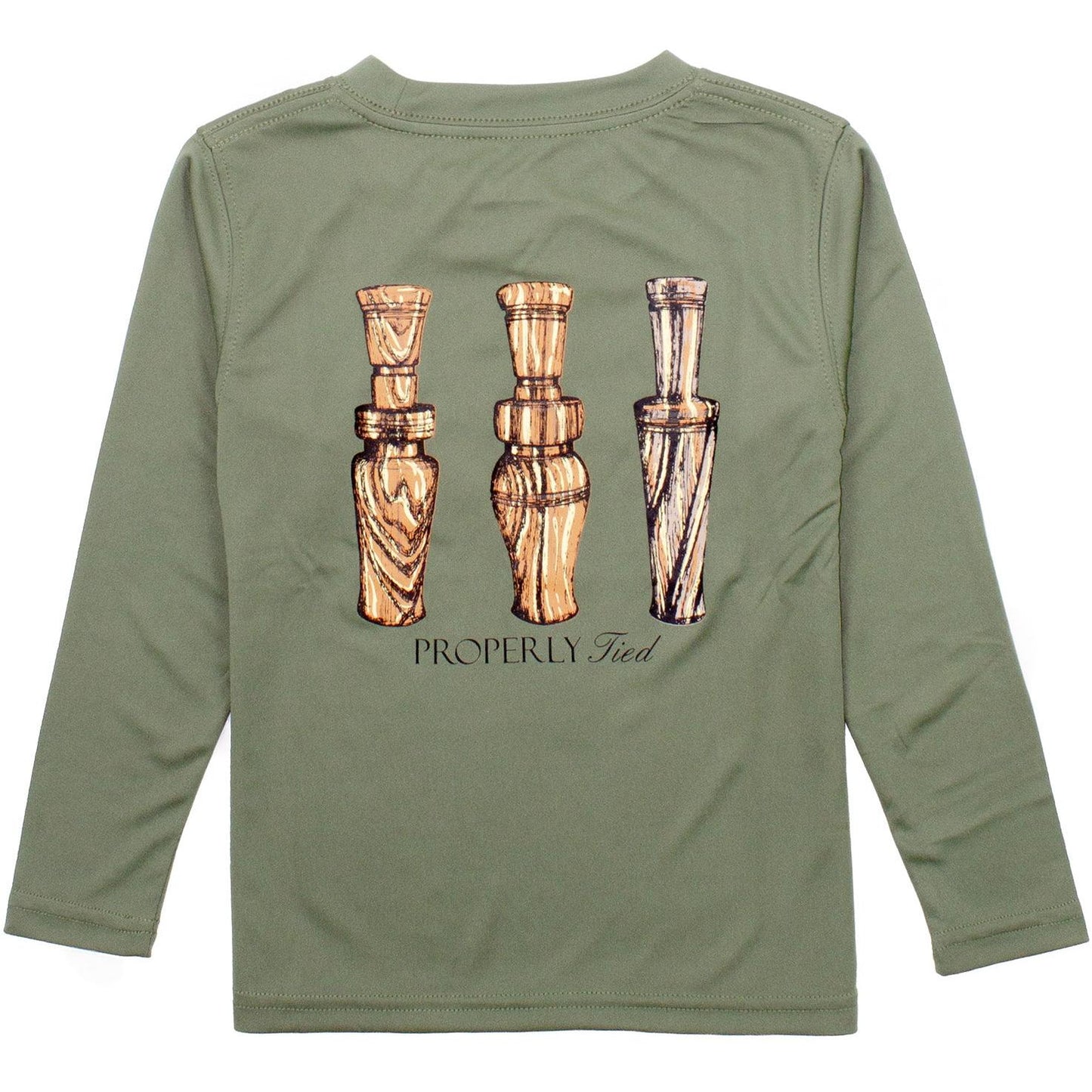 Properly Tied - Boys Performance Tee L/S Duck Calls - Olive