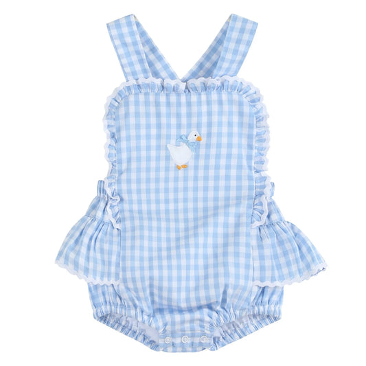 Lil Cactus - Blue Gingham Goose Lace Bow Ruffle Romper