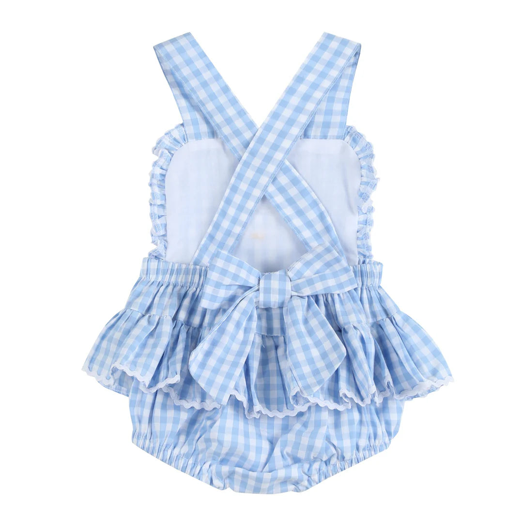 Lil Cactus - Blue Gingham Goose Lace Bow Ruffle Romper