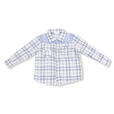Angel Dear - Howdy Embroidered Western Pearl Snap Shirt - Blue Plaid