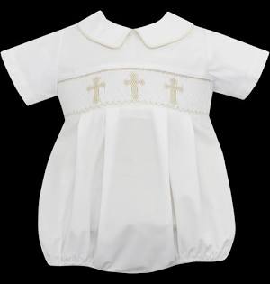Petit Bebe - Crosses - Boys Bubble - White Poplin Short Sleeve