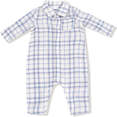 Angel Dear - Long Sleeve Polo Romper With Full Placket - Blue Plaid