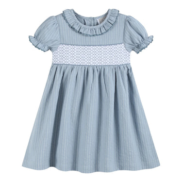 Lil Cactus - Blue Pinstripe Brown Smocked Ruffle Collar Dress