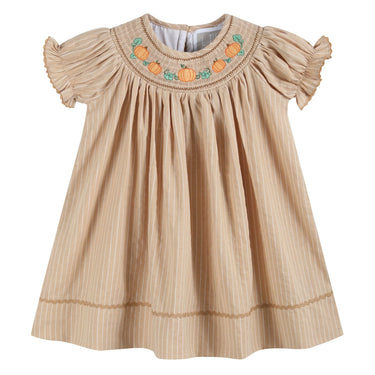 Lil Cactus - Light Brown Pinstripe Pumpkin Smocked Bishop Dress