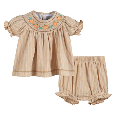 Lil Cactus - Light Brown Pinstripe Pumpkin Smocked Dress and Bloomer Set