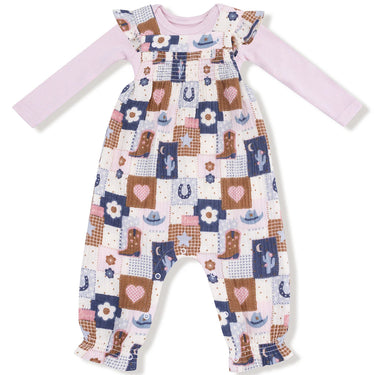 Angel Dear - Smocked Overall And Ribbed Bodysuit Set - Patchwork Cowgirl