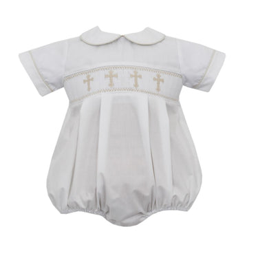 Petit Bebe -  Crosses - Boys Bubble - White Poplin
