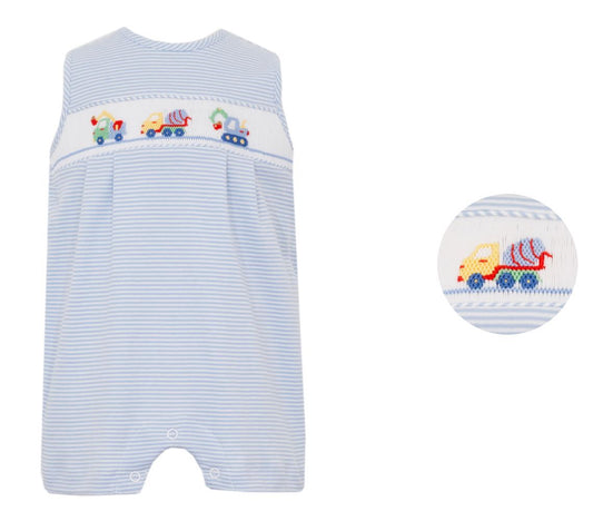 Petit Bebe  -  Light Blue Stripe Knit - Boys Jon Jon - Construction Cars