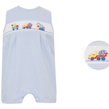 Petit Bebe  -  Light Blue Stripe Knit - Boys Jon Jon - Construction Cars